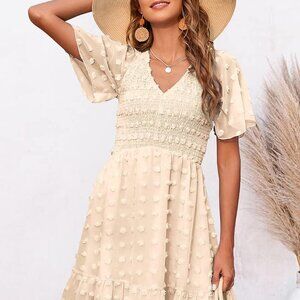 CLEARANCE! BTFBM Size Large V-Neck Smocked Short Sleeve Casual Dress Ivory Color